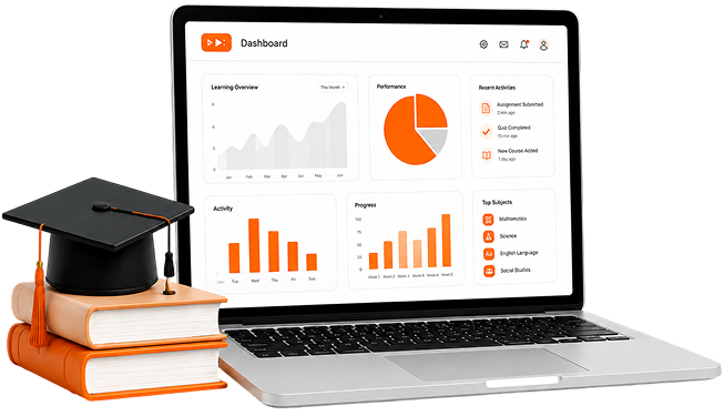 Laptop showing education dashboard on books with graduation cap